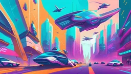 Colourful ultra cool futuristic city, futuristic flying vehicles, busy street view, in sketch art style, with blank billboards, Some crypto/web3 event happening around the city, similar style as in the banner of this website - https://ethindia.co/