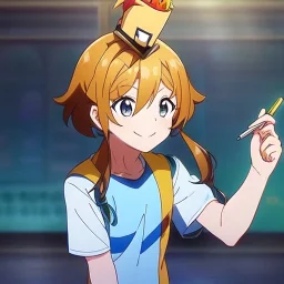 Clear focus, High resolution, a anime kid, cute, cartoony style, smiling, anime screencap, hair between eyes, holding a pencil, small forhead, female, medium length hair, long locks