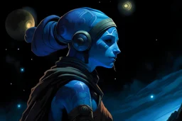 a blue twi'lek with a lekku on left and right side of her head, in tattered clothing from behind, looking up at the night sky at the Star Wars entity abeloth, as she descends from the sky, a swirling blue portal behind her far away in the sky