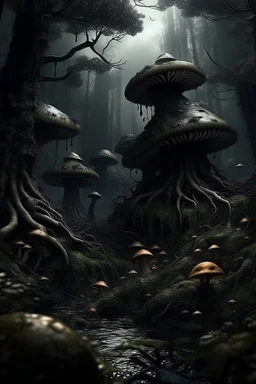 scary dark mushroom city in the forest