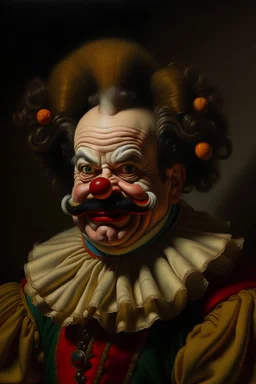 An oil painting portrait of "Krusty the Clown" as real person, art and style by caravaggio, in Baroque painting style, Renaissance-style painting, in the style of psychological depth in character, ultra fine photography,1/3 profil, photorealistic ,Clair-obscure