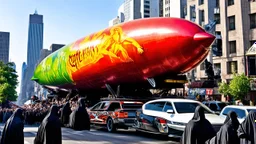 cartoonish jesus parade blimp hybrid , pulled by multiple grim reapers, multi colored, bright, vivid, psychedelic, high detailed, high gloss, insanely detailed, matte, horrorcore, lining the street, unsettling contrast, monument to death, live action shot grim reaper parade, pulling a jesus parade float