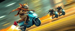 hi speed rocket ship on leaning scooter in a swing, coated rat gremlin captain in high speed pursuit among neon spy vs spy rat cyber soldiers, with background motion blur, airbrush and pen outline