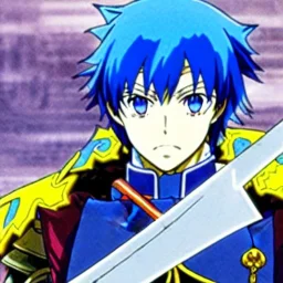 fire emblem, anime, screenshot, ova, 90s anime, marth, boy, blue hair, prince, sword, fantasy setting, fire emblem marth, fullbody, with background