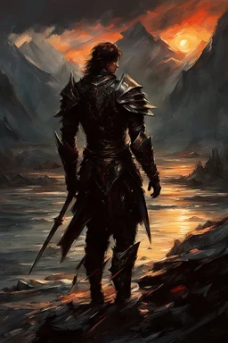 A formidable young warrior boy in black armor, on the background Amazing gloomy landscape, flooded with sunset, mountains, trees, fabulous scary hero, , juicy emotions, painting, dark fantasy, bad weather, gloomy day, dark world, by Raymond Swanland & Alyssa Monks & Anna Razumovskaya & James Paick