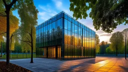 A modern glass and steel building with a reflective facade, surrounded by trees and a paved walkway. The building is illuminated by the warm glow of the sunset, creating a striking contrast against the blue sky