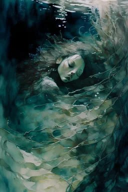 Overwhelming depression portrayed as an underwater abyss, with a person submerged in the depths, surrounded by murky waters and tangled seaweed, their body curled up, conveying a sense of suffocation and hopelessness, Painting, watercolor on textured paper, using soft, muted tones to evoke a somber mood and delicate brushstrokes to create a sense of fluidity and instability