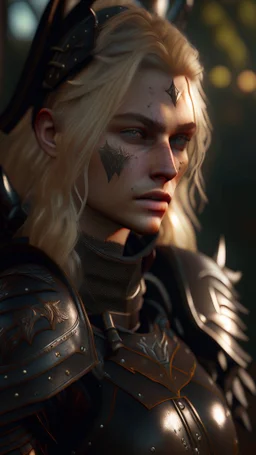 blonde female hunter wearing leather half armour dark fantasy Realistic unreal engine 4k