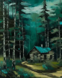 A blackish teal forest with a cozy cabin painted by Claude Monet