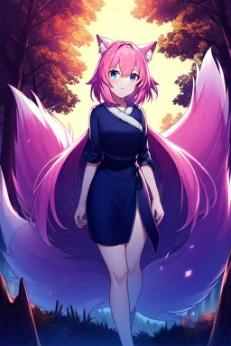 Forest , night, girl, blue eyes, pink hair, big wolf tail, wolf ears, wolf paws