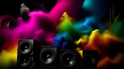generate an image that Discover over sets of vibrant, multi-colors smokes spread over speakers