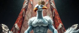 king brilliant detailed full figure portrait disco glittery goose slug alien fluffy muscle man dino anime in the style of Escher and Giger in front of dented marble tower of glitter