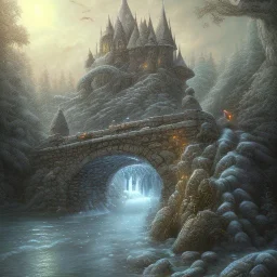 fantasy art of big mad wizard on very tight stone bridge over icy water, on the bridge is a wolf, there is also a hawk and everything is seen from the tree tops