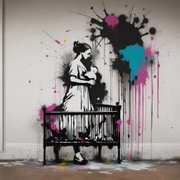 Banksy wall color graffiti depicting a pregnant mother standing wistfully besides a crib, Style by Banksy and Martin Whatson, maudlin, baby mobile, moody, spray paint splatter