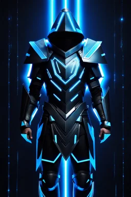 neon blue, floating triangle of light orbiting behind the back, cyber armor, geometric patterns on armor, male, orbiting triangle