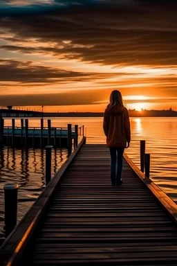 imagen panorámica de un muelle al atardecer con aire nostálgico y una mujer triste que parece estar esperando hace rato a alguien que aun no llega