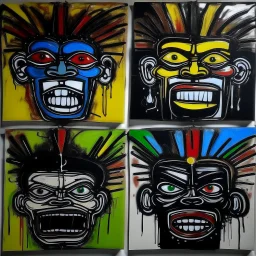 5 angry grotesque faces, by Jean-Michel Basquiat, acrylic painting