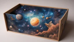 a box 10 cm long by 5 cm wide and 25 cm high, drawn on a box on all sides, space, tress, planets, butterfly nebula, crow, realistic