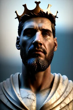 Ultra Realistic image, Roman sculpture, white marble material, Lionel Messi, gold crown of natural thorns, god crown, Renaissance style, sun rays background, waist up portrait, epic, celestial, cinematic lighting, God lights, 4k resolution, smooth details, soft lighting, unreal engine 5, art station, substance 3d.