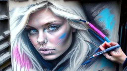 street artist draws a portrait of a blonde woman, charcoal, pencil, pink lips, blue eyes, fine drawing, hand with a brush