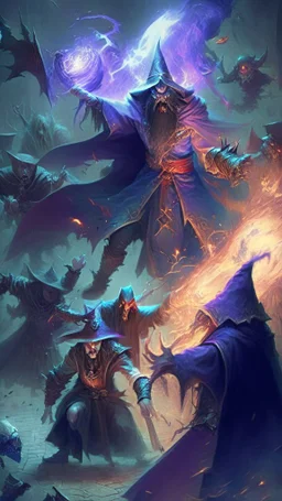 evil wizard destroying a group of heroes