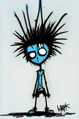 2d drawing of a stickman, cool with punk hair, x eyes like in hangman, laying flat on stomach,backside view,3d realistic in colour