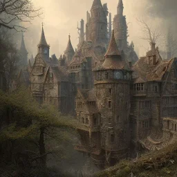 Intricately detailed view of a post-apocalyptic decaying castle, matte painting, digital art, dark fantasy style, hyperdetailed, complementary colors