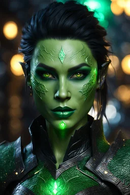 3.4 body shot, green skin,beautiful face, female gorgeous green skinnrf orc, 2 fang visible on mouth, thin, lightning crackle crested around her armor as symbols,dark hair, detailed glowing ornamental magical pattern armor, glowing gem crackling with lightning implanted on leather armor, 8k, high detail, market background, midnight, facing viewer, front facing