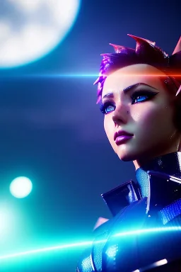 Futuristic anime elf, portrait from waist up, physically fit, latex and leather attire, blue eyes, pastel hair, intricate eyeliner, vibrant eyeshadow, clear completion, soft lighting, 4k resolution, intricate details, insanely detailed, colorful cityscape background, masterpiece, expert, cinematic smooth, retroanime style, realistic details, no helmet