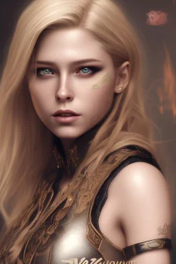 perfect avril lavigne face, wearing viking, intricate, fullbody, highly detailed face, highly realistic particles, fog, fire