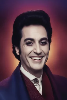 facial portrait - Elvis Marty Feldman, Smiling - 32k, UHD, 1080p, 8 x 10, glossy professional quality digital photograph - dark blue and dark red, and light maroon and purple and foggy black gradated background, historic, powerful, octane rendering, exquisite detail, 30 - megapixel, 4k, 85 - mm - lens, sharp - focus, intricately - detailed, long exposure time, f8, ISO 100, shutter - speed 1125, diffuse - back - lighting, ((skin details, high detailed skin texture)), (((perfect face))),