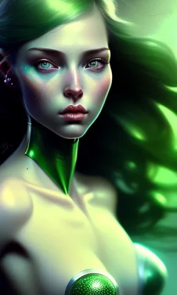 girl, cute, beautiful, green hair, head and shoulders portrait, 8k resolution concept art portrait by Greg Rutkowski, Artgerm, WLOP, Alphonse Mucha dynamic lighting