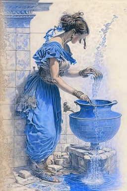 A woman in an ancient Roman dress pours water from an amphora into a pot in a blue and white bathroom, by Jean-Baptiste Monge, watercolour and ink, highly detailed, award winning, crisp quality in sunshine