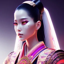 Rosalía, Cyborg anime samurai, cyberpunk, white skin, light black hair, geisha hairstyle, cobalt eyes, blood stains, waist up portrait, 8k resolution, retroanime, intricate details, neon details, soft lighting, vibrant colors, masterpiece, intricate eyeliner, dark eyeshadow, eyes, intricate tattoos, gradient background