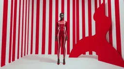 The image features a figure standing against a striking backdrop of red and white vertical stripes. The figure is also dressed in a form-fitting outfit that mirrors the background pattern. To the side, there is a stylized, abstract shape in a similar red and white color scheme, creating a cohesive and vibrant visual effect. The overall composition emphasizes a bold contrast and an immersive environment.
