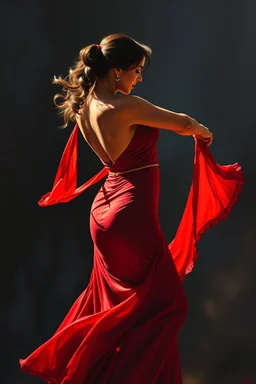 a full body Latino woman dancing salsa in red dress, dark shadow in background, acrylic and oils, glossy finish high contrast, detailed, vibrant colors, cinematic, masterpeace