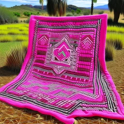 A pink land made out of Navajo yarn designed in Kuna Molas