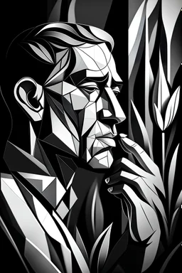 a black and white drawing of a man smelling a flower, a cubist painting, cgsociety, cubism, cubism, angular, picasso