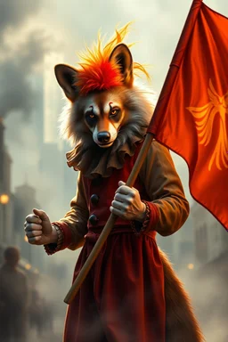 aardwolf clown man holding reflective transparent burning flag, painting by Rembrandt, with motion blur city background, and volume light fog with sunlight rays