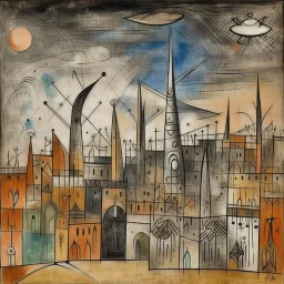 A silver city with jets painted by Paul Klee