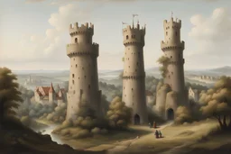 TWO humanized medieval towers, as landscape a bust of a medieval king
