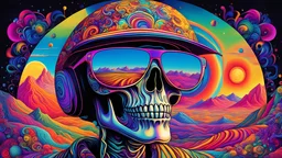 DMT Art Style, SkeletoNaut, fitted ball cap, stunna shades, bright colors, surreal visuals, swirling patterns, DMT art style