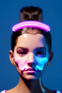 Ultra Realistic image, Rosalía artist, casual portrait, normal complexion, natural small busty, two bows, little chopsticks hair ,black eye long liner, latex t-shirt, inflatable open coat, gold pink and blue style, spray line glow make up, geometric led jewelry, fog, hot, inflatable style latex coat, vibrant color, highly detailed, art stations, concept art, smooth, unreal engine 5, god rays, ray tracing, RTX, lumen lighting, ultra detail, volumetric lighting, 3d, finely drawn.