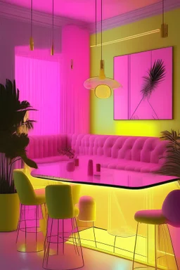 Living room, yellow walls, transparent glass furniture, modern, LED pink lighting, modern art, bar table, cool vibes