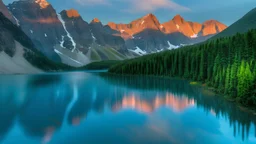 Stylized image of a forest, near a serene lake and mountains in the background at sunrise 8K