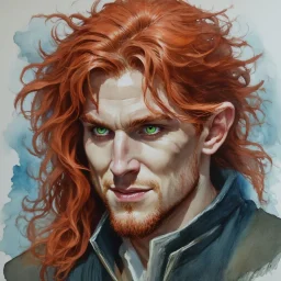 dnd, fantasy, watercolour, portrait, illustration, prerafaelite, male, face, green eyes, determined, happy, red hair, very long hair, radiating light, five o'clock shadow