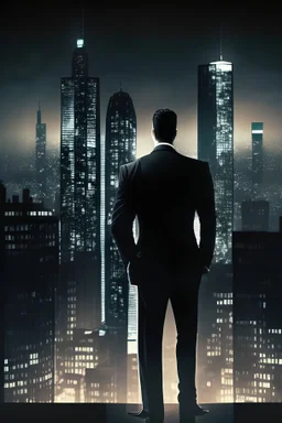 Generate an image where the man in the black suit and tie is standing in a modern cityscape. The background should consist of tall, glass skyscrapers, with lights illuminating the city at night. The man should be positioned in the foreground, with his back slightly turned towards the viewer, as if he is observing the city below. His confident stance and the sleekness of his suit should convey a sense of power and sophistication.