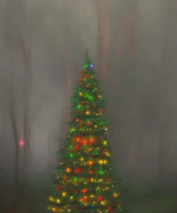 Painting of a festive Christmas tree in a misty swamp