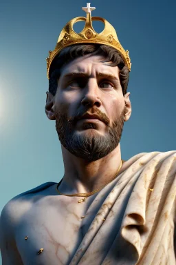 Realistic image, Roman sculpture made in white marble with gold veins, Lionel messi with gold laurel leaves crown, decorative star on the chest, waist up portrait, marble material, gold ornaments, Baroque style, sun rays background, epic, celestial, cinematic lighting, God lights, 4k resolution, smooth details, soft lighting, unreal engine 5, art station, substance 3d.