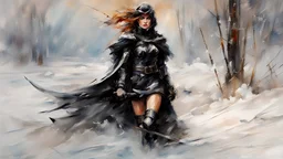 a warrior woman in black armor on the background of a cold snow-covered country, ice and crystal, frost and snow, oil and pastel, by Leonid Afremov & William Kentridge & Anna Razumovskaya